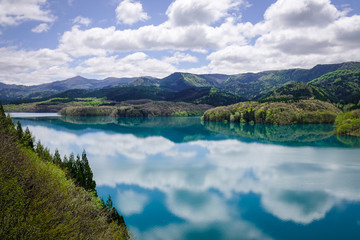 Fototapeta na wymiar Reflection lake with pine forest in Tohoku, Japan