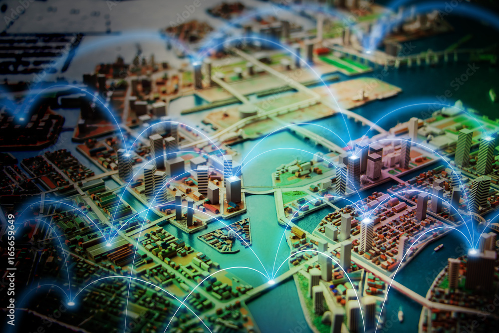Aufkleber smart city and communication network concept. abstract mixed media.