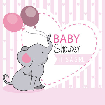 Baby Shower Girl. Elephant With Balloons