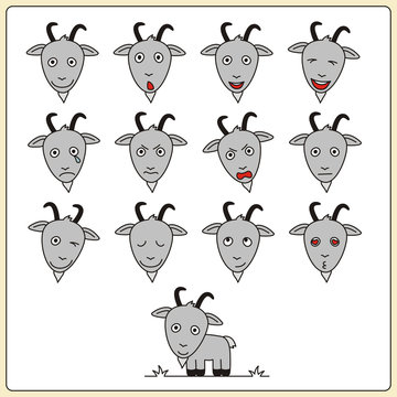Set face funny goat in cartoon style. Collection isolated heads of goat on white background.