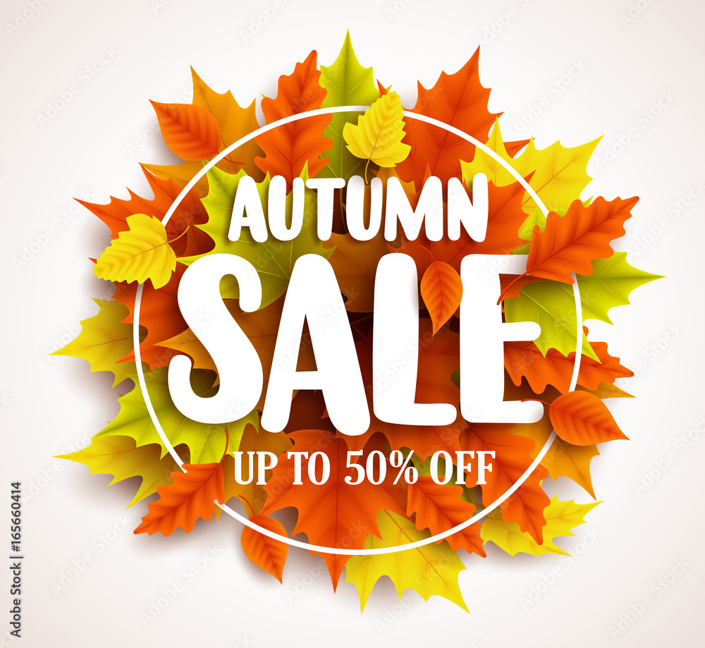 Poster autumn sale vector banner design with text in colorful fall leaves and circle frame in a background 