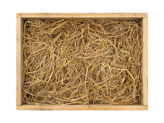 Wooden box with straw (with clipping path) isolated on white background