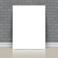 Vector illustration of a white vertical poster standing on a white stand against a white brick wall background