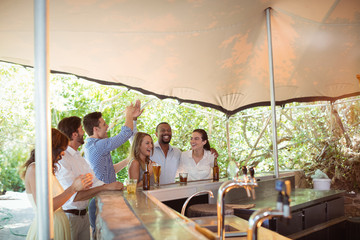 Friends enjoying at counter in restaurant