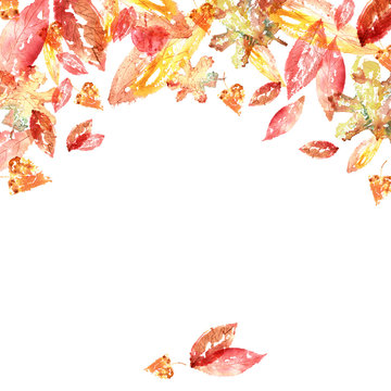 Watercolor hand painted background with red and yellow autumn leaves