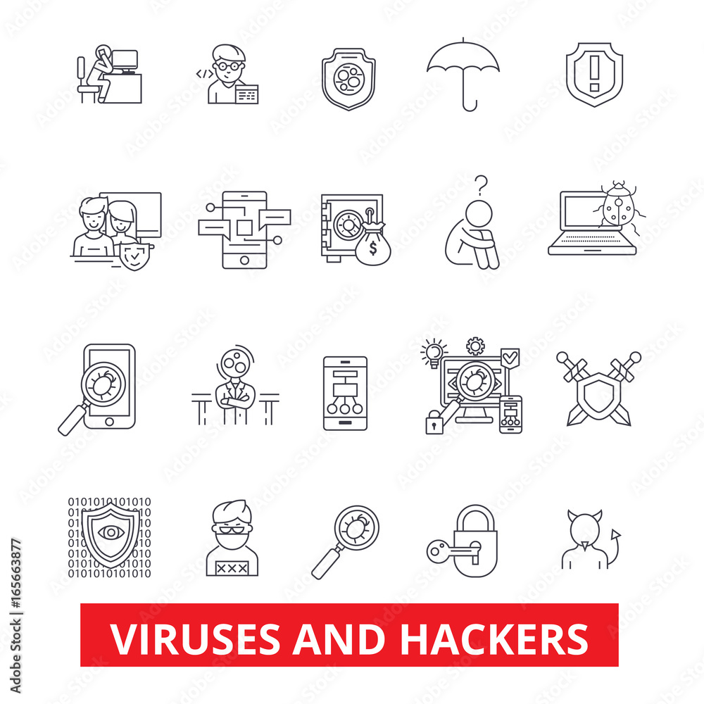 Poster viruses and hackers. hacking, security, cyber crime, malware,spyware line icons. editable strokes. f