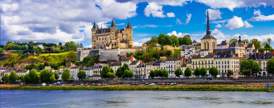 France Saumur 12K Panorama of Medieval Royal Chateau and Loire River Scenic Cityscape with Historic Castle and French Renaissance Architecture Travel Landmark UNESCO
