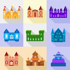 Fortress and bastion icons set, flat style