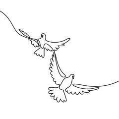 Tuinposter Continu één lijntekening. Vliegende twee duiven logo. Zwart-wit vectorillustratie. Concept voor logo, kaart, spandoek, poster, flyer © Valenty