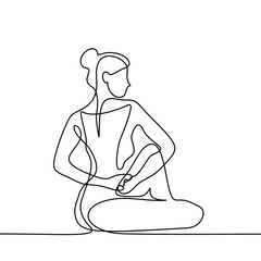 Continuous line drawing. Woman doing exercise in yoga pose. Vector Illustration