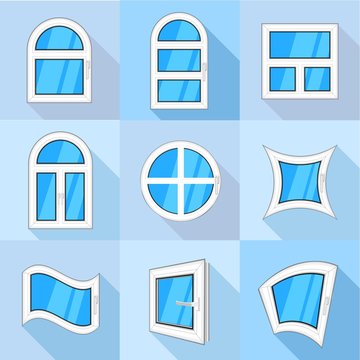 Plastic windows icons set, flat style