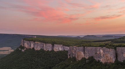 Sunset over a mountain plateau in the mountains of Crimea