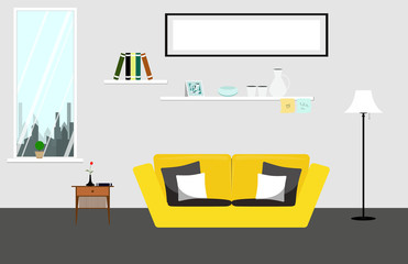 Living room with yellow sofa furniture. Illustration of living room in flat form