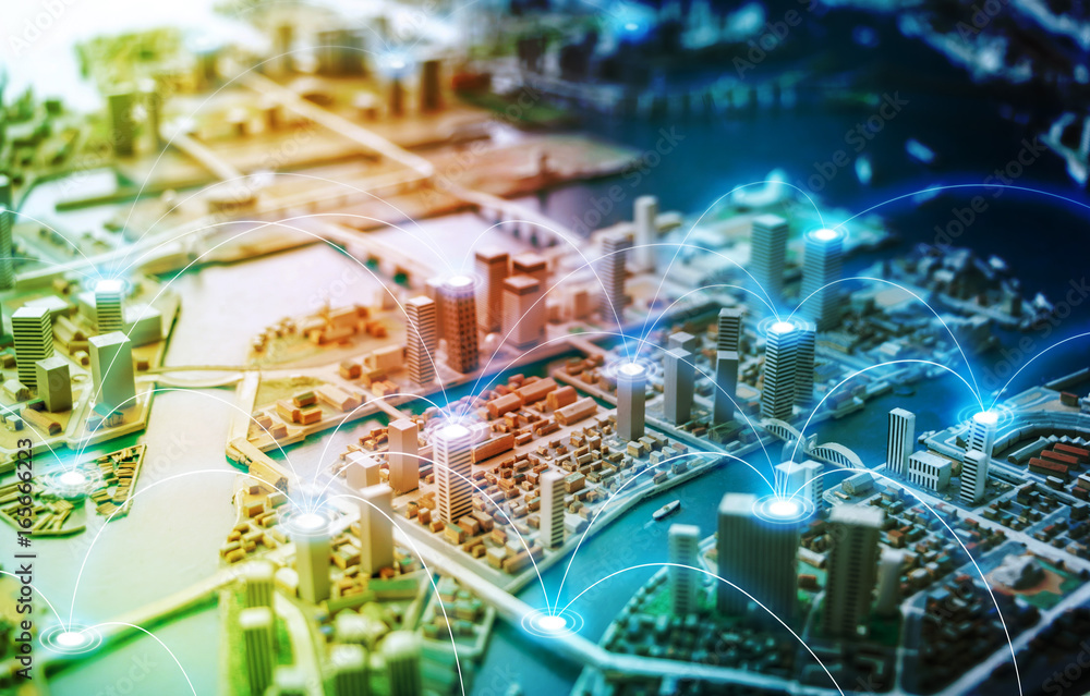 Poster smart city and communication network concept. abstract mixed media.