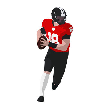 Running american football player in red jersey with ball, front view. Flat vector illustration