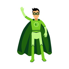 Fototapeta na wymiar Ecological superhero man standing and waving his hand, eco concept vector Illustration
