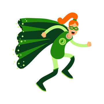 Ecological superhero redhead woman running, eco concept vector Illustration