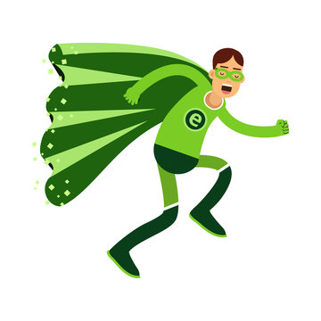 Ecological superhero man in green costume running, eco concept vector Illustration