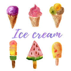 Set of hand drawn sweet watercolor ice cream on white background. Illustration of watermelon, fruit, vanilla, chocolate with waffle cone and on a stick