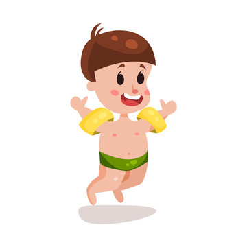 Cute happy boy jumping with inflatable armbands, kid ready to swim colorful character vector Illustration
