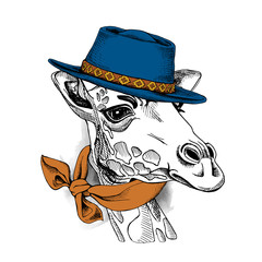 Fototapeta premium Portret żyrafy Gaucho w niebieskim kapeluszu i beżowym krawacie. Ilustracji wektorowych.