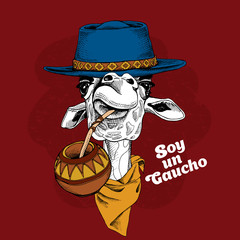 Giraffe portrait in a blue hat, in a yellow cravat and with a cup of a mate tea.Text in Spanish "I am Gaucho". Vector illustration.