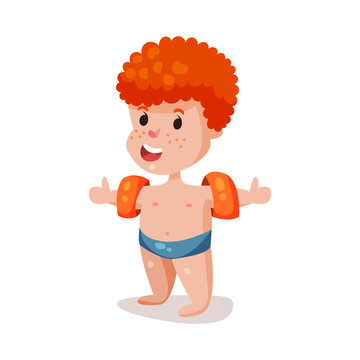 Cute happy redhead boy jumping wearing inflatable armbands, kid ready to swim colorful character vector Illustration