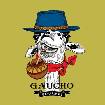 Gaucho Giraffe portrait in a blue hat, in a red cravat and with a cup of a mate tea. Vector illustration.