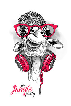 Giraffe in a Knitted hipster hat, a red glasses and with Headphones on the neck. Vector illustration.