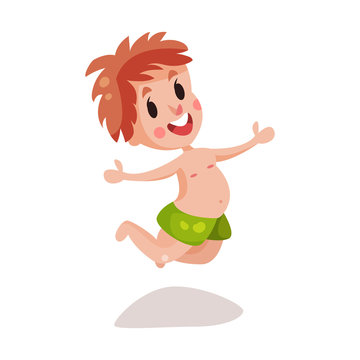 Little boy wearing shorts for swimming having fun on the beach colorful character vector Illustration