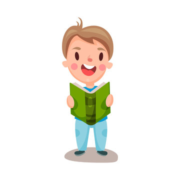 Cute happy boy reading a book, education and knowledge concept, colorful character vector Illustration
