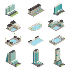 Naklejka premium Luxury Hotel Buildings Isometric Icons