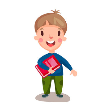 Cute happy boy standing and holding book, education and knowledge concept, colorful character vector Illustration