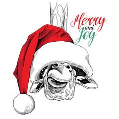 Fototapeta premium Christmas card. Giraffe in a big Santa's cap. Vector illustration.
