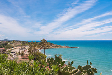Fototapeta na wymiar Coast of Tarragona in sunny day, Catalunya, Spain. Copy space for text.