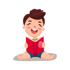 Cute happy boy sitting on the floor and reading a book, education and knowledge concept, colorful character vector Illustration