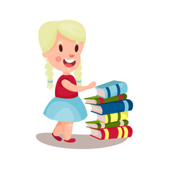 Cute blonde girl standing next to a pile of books, education and knowledge concept, colorful character vector Illustration