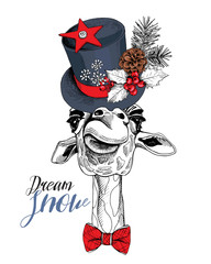 Obraz premium Christmas card. Giraffe in a Snowman top hat and in a bow tie. Vector illustration.