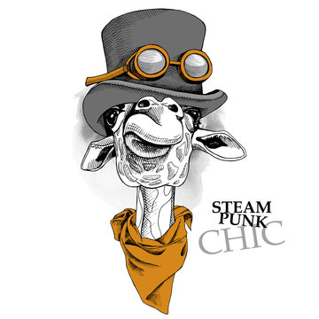 Giraffe portrait in a steampunk hat with cravat. Vector illustration.