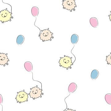 Seamless pattern with funny sheep with balloons on a white background. Child texture for textiles, Wallpaper, and various designs