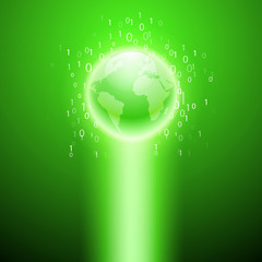 Stream of binary code to the globe. Green background.