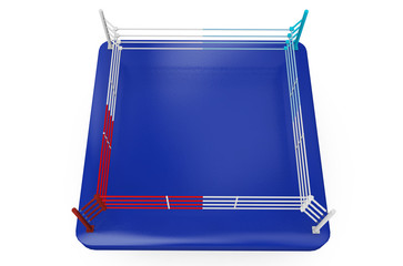 A 3D render of a modern boxing ring with opposing blue and red corners on an isolated white studio background
