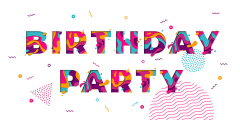 Happy Birthday party greeting card confetti papercut multi color layers vector text
