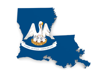Geographic border map and flag of Louisiana state isolated on a white background, 3D rendering