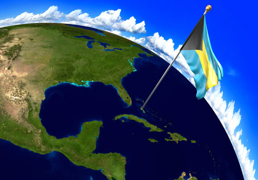Bahamas national flag marking the country location on world map. 3D rendering, parts of this image furnished by NASA