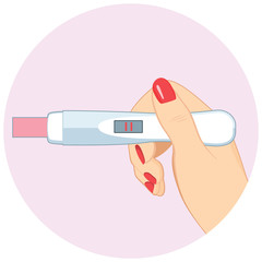 Close up illustration of hand holding positive pregnancy test