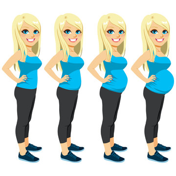 Happy young blonde woman on different pregnancy stages