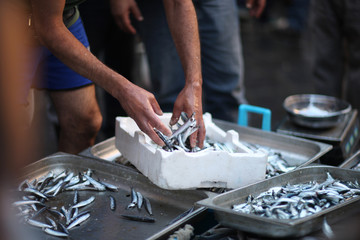 The seller in the fish market prepares for sale fresh anchovies - obrazy, fototapety, plakaty