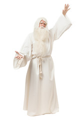 Man in sorcerer costume on white background
