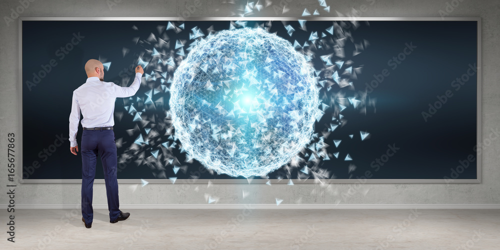 Poster Businessman using digital planet earth interface on a board 3D rendering